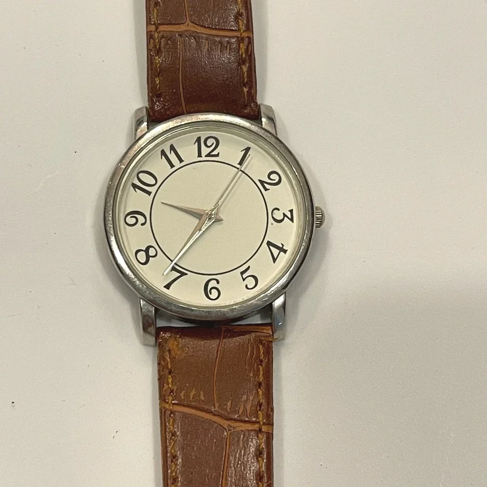 Galvin Hill Quartz Watch Silver Case White Dial Brown Croc Embossed Band Classic